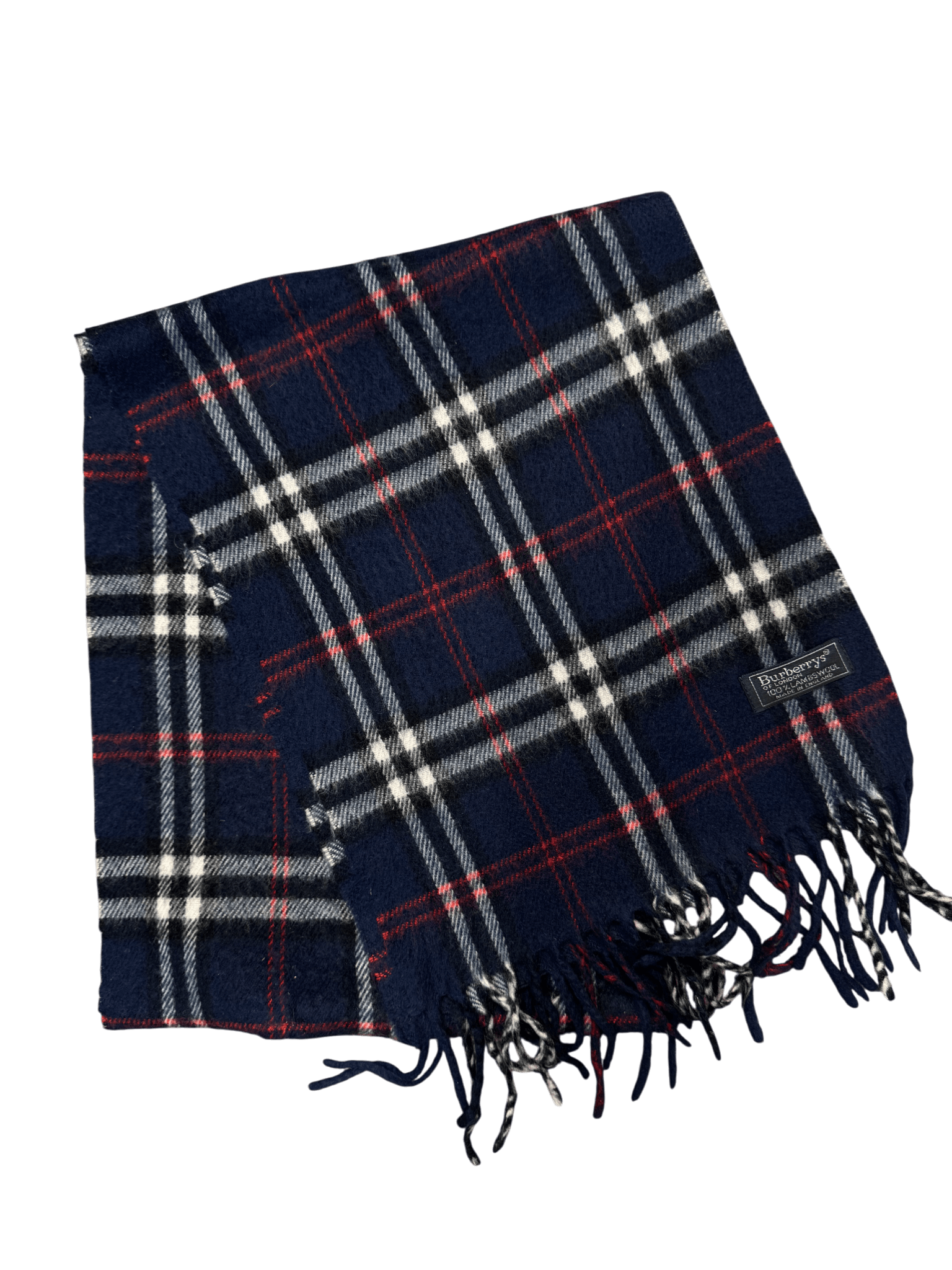 Vintage Burberry Scarf – Navy Tartan Check – 100% Lambswool