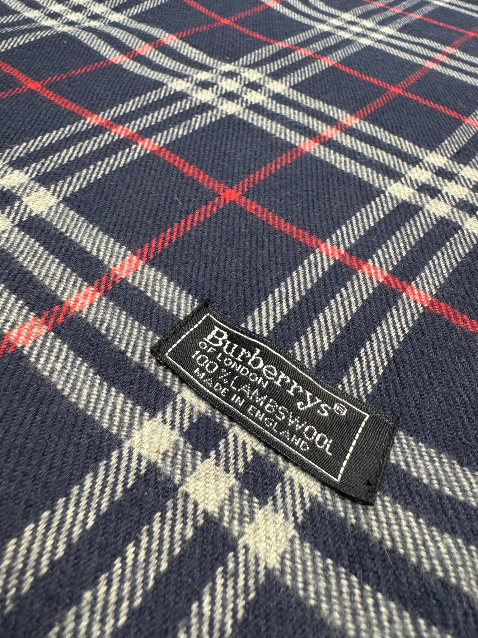 Vintage Burberry Scarf – Navy Tartan Check – 100% Lambswool