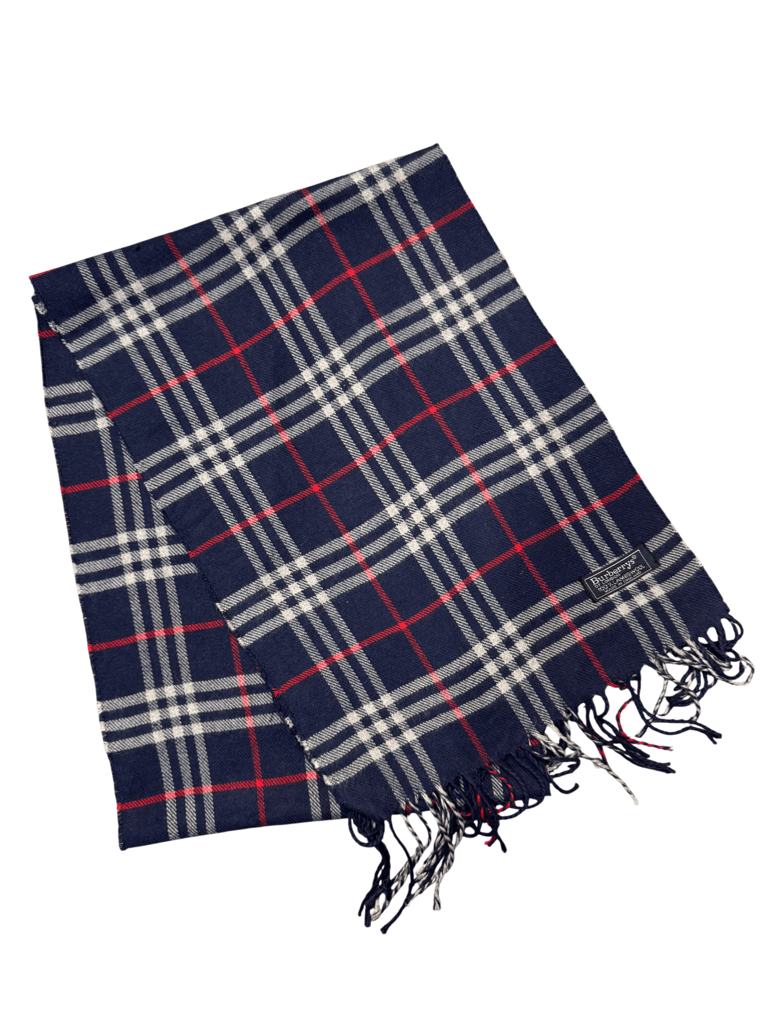 Vintage Burberry Scarf – Navy Tartan Check – 100% Lambswool